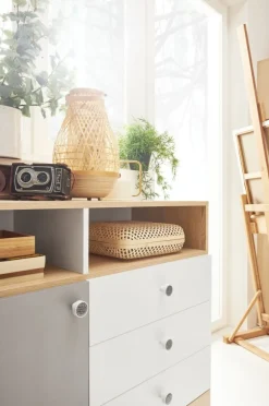 Dzieci Meblar Komody Młodzieżowe|Biurka Do Pokoju Młodzieżowego*Duża komoda z szafką i szufladami do pokoju PIXEL PX9 biały,szary,dąb biszkoptowy