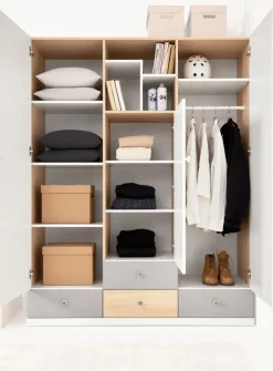 Dzieci Meblar Szafy Do Pokoju Młodzieżowego|Szafy Do Pokoju Dziecięcego*Duża szafa trzydrzwiowa z szufladami do pokoju PIXEL PX1 biały,szary,dąb biszkoptowy