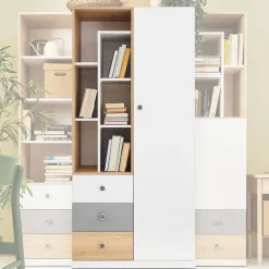 Dzieci Meblar Szafki I Regały Do Pokoju Młodzieżowego|Regały Do Pokoju Młodzieżowego*Duży regał otwarty szafką i szufladami do pokoju PIXEL PX7 biały,szary,dąb biszkoptowy