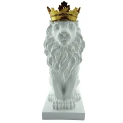 ArteHome Figurki Dekoracyjne*Figurka dekoracyjna dostojny biały lew w złotej koronie na niskim postumencie Lion White