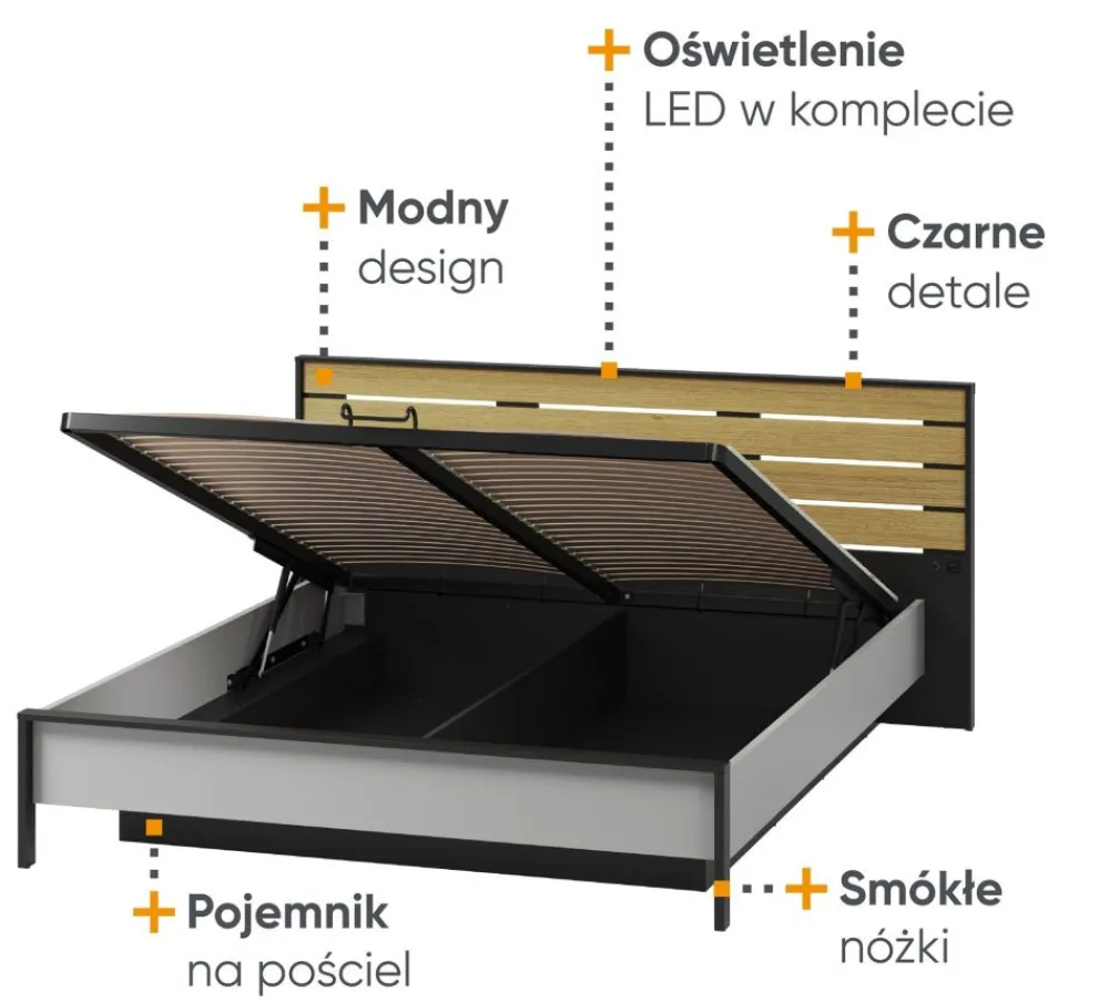 Lenart Łóżka Do Sypialni|Łóżka Drewniane*Łóżko 180x200 z pojemnikiem i oświetleniem Gris GS-02