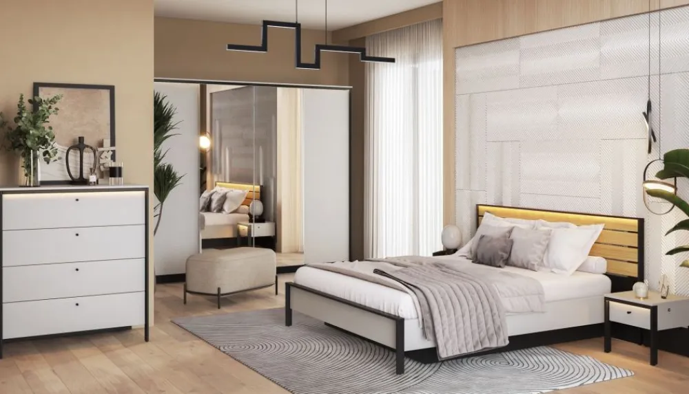 Lenart Łóżka Do Sypialni|Łóżka Drewniane*Łóżko 180x200 z pojemnikiem i oświetleniem Gris GS-02