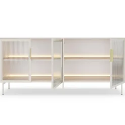 Laski Meble Komody Do Jadalni|Komody Do Sypialni*Komoda Lumi 4D – kaszmir / złote detale z oświetleniem LED i przeszklonymi frontami