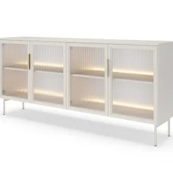 Laski Meble Komody Do Jadalni|Komody Do Sypialni*Komoda Lumi 4D – kaszmir / złote detale z oświetleniem LED i przeszklonymi frontami