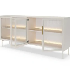 Laski Meble Komody Do Jadalni|Komody Do Sypialni*Komoda Lumi 4D – kaszmir / złote detale z oświetleniem LED i przeszklonymi frontami