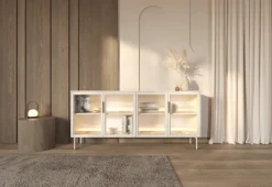 Laski Meble Komody Do Jadalni|Komody Do Sypialni*Komoda Lumi 4D – kaszmir / złote detale z oświetleniem LED i przeszklonymi frontami