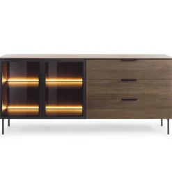 Laski Meble Komody Do Przedpokoju|Komody Do Jadalni*Komoda Lumi 2D3S – dąb dunin / czerń z przeszklonymi frontami i oświetleniem LED