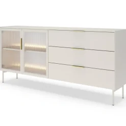 Laski Meble Komody Do Przedpokoju|Komody Do Jadalni*Komoda Lumi 2D3S – kaszmir / złote uchwyty / białe nóżki z oświetleniem LED i hartowanym szkłem