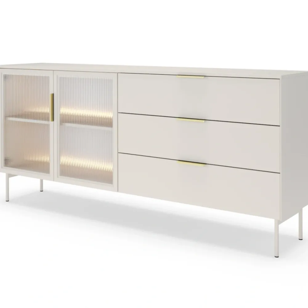 Laski Meble Komody Do Przedpokoju|Komody Do Jadalni*Komoda Lumi 2D3S – kaszmir / złote uchwyty / białe nóżki z oświetleniem LED i hartowanym szkłem