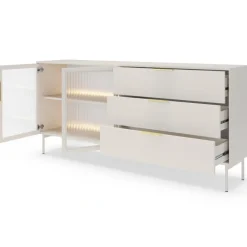 Laski Meble Komody Do Przedpokoju|Komody Do Jadalni*Komoda Lumi 2D3S – kaszmir / złote uchwyty / białe nóżki z oświetleniem LED i hartowanym szkłem