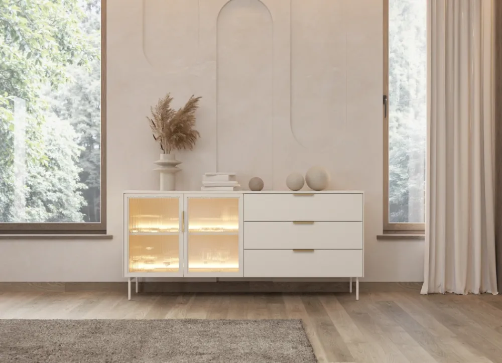 Laski Meble Komody Do Przedpokoju|Komody Do Jadalni*Komoda Lumi 2D3S – kaszmir / złote uchwyty / białe nóżki z oświetleniem LED i hartowanym szkłem