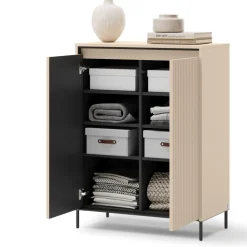 Lenart Komody Do Biura|Komody Do Przedpokoju*Komoda z lamelami do garderoby z LED TREND TG-03 Beż piaskowy + czarny