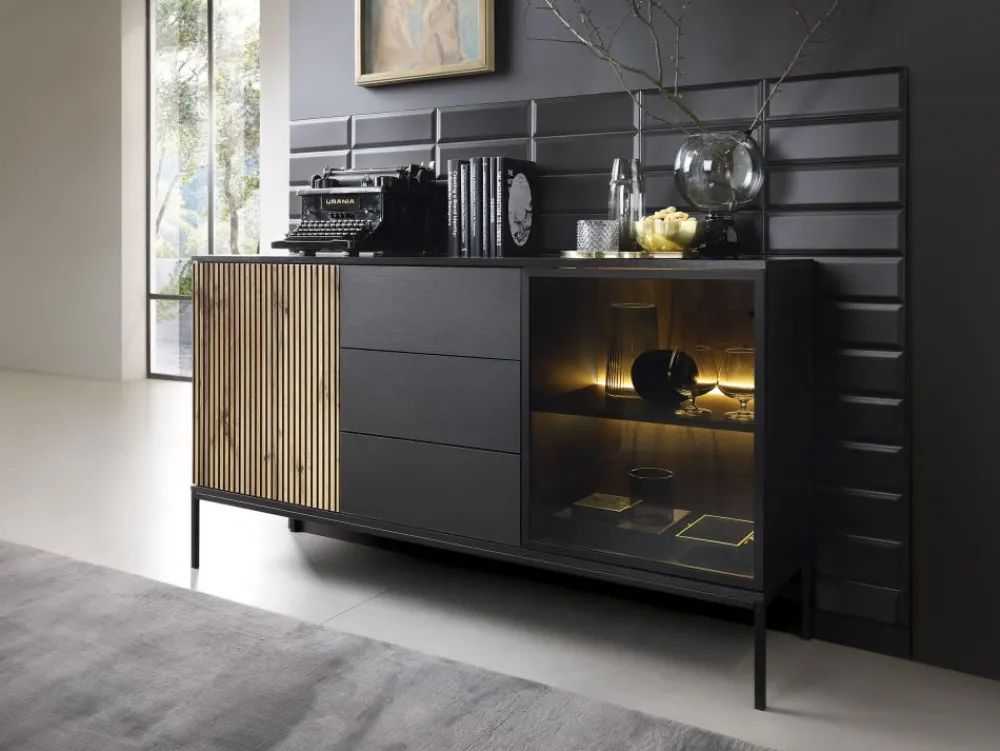 Piaski Komody Do Jadalni|Komody Do Salonu*Komoda z szufladami oświetleniem Sento czarny / dąb wotan