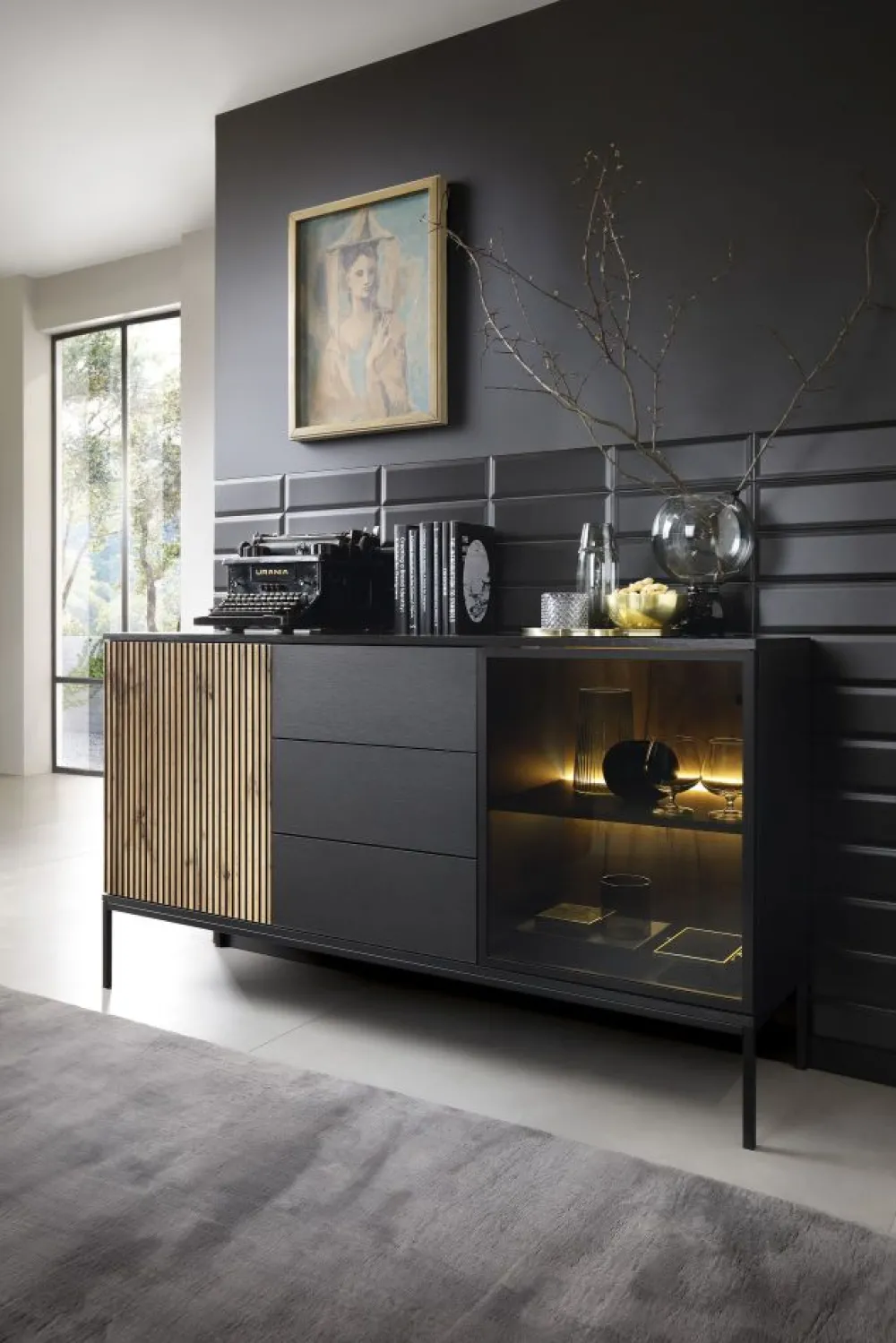 Piaski Komody Do Jadalni|Komody Do Salonu*Komoda z szufladami oświetleniem Sento czarny / dąb wotan