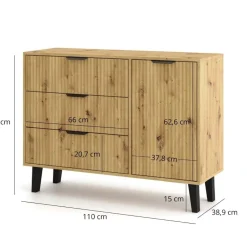 Mebelbos Komody Do Biura|Komody Do Przedpokoju*Komoda z trzema szufladami i szafką 1D3S, ryflowane fronty dąb artisan BORG DUO