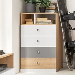 Dzieci Meblar Komody Młodzieżowe|Biurka Do Pokoju Młodzieżowego*Mała komoda z szufladami do pokoju PIXEL PX10 biały,szary,dąb biszkoptowy