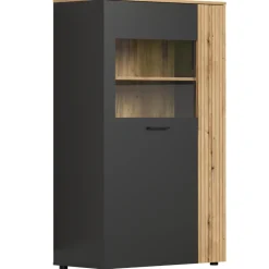 Mebelbos Witryny*Niska witryna Esteban 146 cm – witryna ze szkłem hartowanym grafit/dąb evok