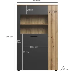 Mebelbos Witryny*Niska witryna Esteban 146 cm – witryna ze szkłem hartowanym grafit/dąb evok