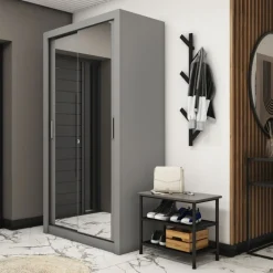 Lenart Szafy Do Przedpokoju|Szafy Do Pokoju Młodzieżowego*Nowoczesna wąska szafa z lustrem ID-18 S szara