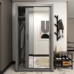 Lenart Szafy Do Przedpokoju|Szafy Do Pokoju Młodzieżowego*Nowoczesna wąska szafa z lustrem ID-18 S szara