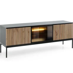 Piaski Szafki Rtv Do Salonu|Szafki Rtv*Przeszklona szafka RTV frezowana z oświetleniem Sento czarny / dąb wotan