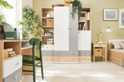 Dzieci Meblar Szafki I Regały Do Pokoju Młodzieżowego|Regały Do Pokoju Młodzieżowego*Regał otwarty z półkami i szufladami do pokoju PIXEL PX6 biały,szary,dąb biszkoptowy
