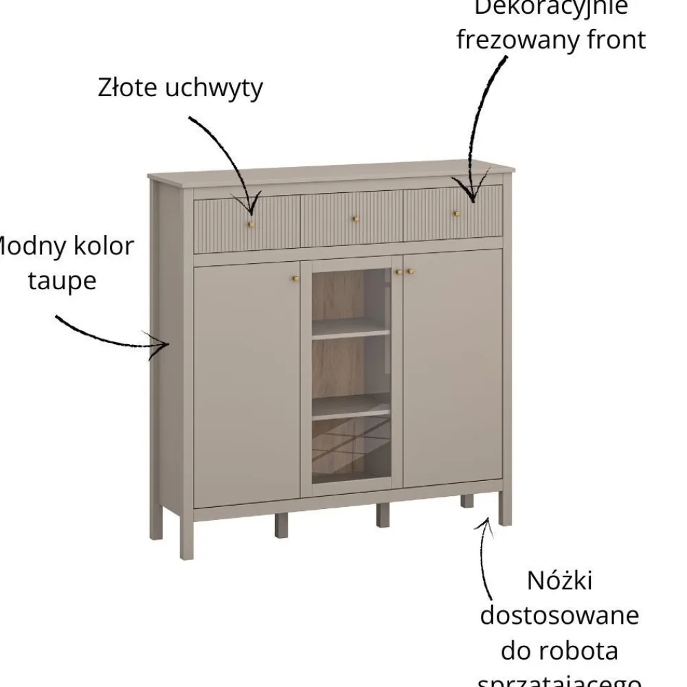 Mebelbos Komody Do Biura|Komody Do Przedpokoju*Skandynawska ryflowana komoda z witryną kolor taupe lamele KLEO KL-02