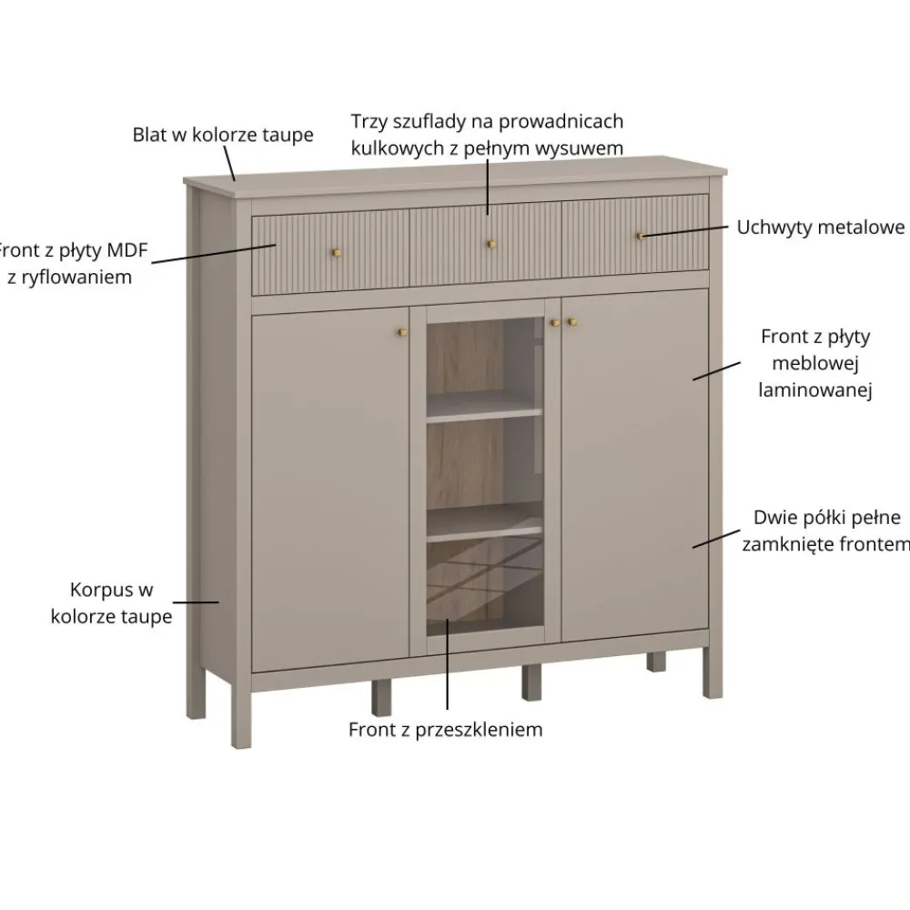 Mebelbos Komody Do Biura|Komody Do Przedpokoju*Skandynawska ryflowana komoda z witryną kolor taupe lamele KLEO KL-02