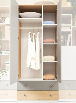 Dzieci Meblar Szafy Do Pokoju Młodzieżowego|Szafy Do Pokoju Dziecięcego*Szafa dwudrzwiowa z szufladami do pokoju PIXEL PX3 biały,szary,dąb biszkoptowy