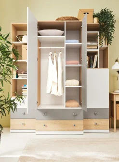 Dzieci Meblar Szafy Do Pokoju Młodzieżowego|Szafy Do Pokoju Dziecięcego*Szafa dwudrzwiowa z szufladami do pokoju PIXEL PX3 biały,szary,dąb biszkoptowy