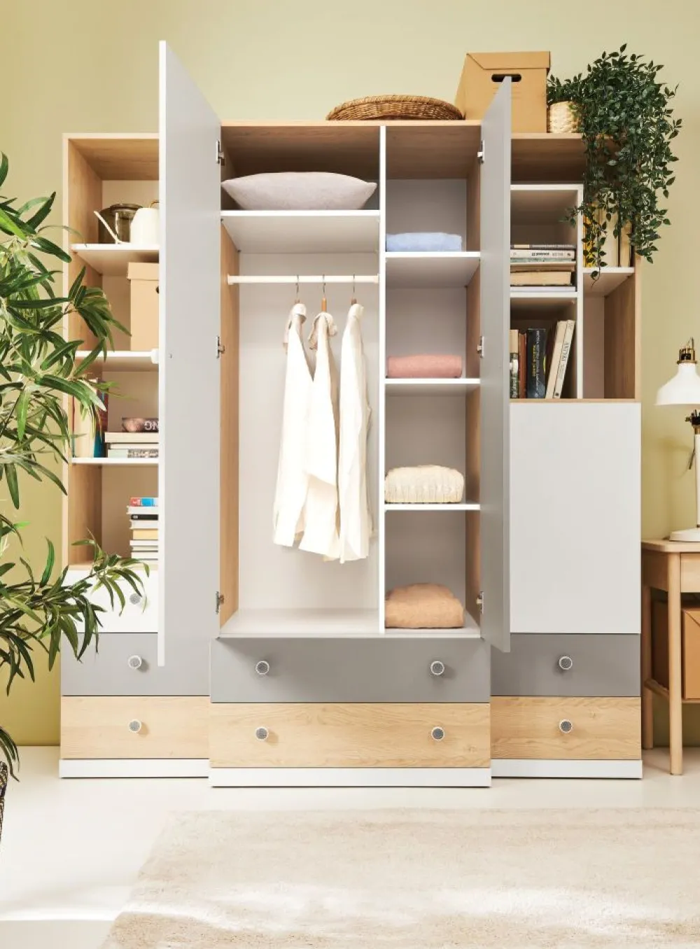 Dzieci Meblar Szafy Do Pokoju Młodzieżowego|Szafy Do Pokoju Dziecięcego*Szafa dwudrzwiowa z szufladami do pokoju PIXEL PX3 biały,szary,dąb biszkoptowy