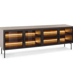 Laski Meble Szafki Rtv Do Salonu|Szafki Rtv*Szafka RTV Lumi 4D – dąb dunin / czerń z dymionym szkłem i oświetleniem LED