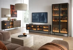 Laski Meble Szafki Rtv Do Salonu|Szafki Rtv*Szafka RTV Lumi 4D – dąb dunin / czerń z dymionym szkłem i oświetleniem LED