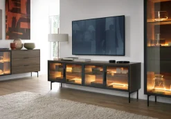 Laski Meble Szafki Rtv Do Salonu|Szafki Rtv*Szafka RTV Lumi 4D – dąb dunin / czerń z dymionym szkłem i oświetleniem LED