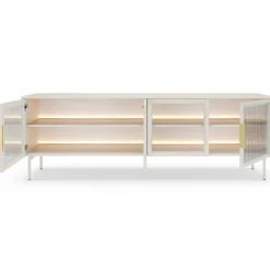 Laski Meble Szafki Rtv Do Salonu|Szafki Rtv*Szafka RTV Lumi 4D – kaszmir / złote uchwyty / białe nóżki z oświetleniem LED i hartowanym szkłem