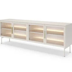 Laski Meble Szafki Rtv Do Salonu|Szafki Rtv*Szafka RTV Lumi 4D – kaszmir / złote uchwyty / białe nóżki z oświetleniem LED i hartowanym szkłem