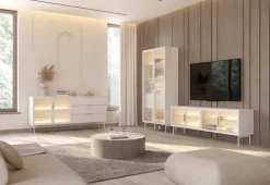 Laski Meble Szafki Rtv Do Salonu|Szafki Rtv*Szafka RTV Lumi 4D – kaszmir / złote uchwyty / białe nóżki z oświetleniem LED i hartowanym szkłem