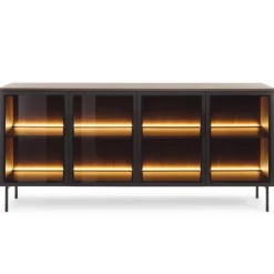 Laski Meble Komody Do Jadalni|Komody Do Sypialni*Szerok komoda Lumi 4D – dąb dunin / czerń z przeszklonymi frontami i oświetleniem LED