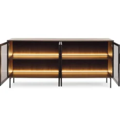 Laski Meble Komody Do Jadalni|Komody Do Sypialni*Szerok komoda Lumi 4D – dąb dunin / czerń z przeszklonymi frontami i oświetleniem LED