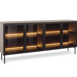 Laski Meble Komody Do Jadalni|Komody Do Sypialni*Szerok komoda Lumi 4D – dąb dunin / czerń z przeszklonymi frontami i oświetleniem LED