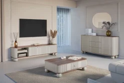 Bogart Komody Do Przedpokoju|Komody Młodzieżowe*VESPER KOMODA 160 2D3SZ - cashmere mdf / orzech / złote uchwyty / nogi kule