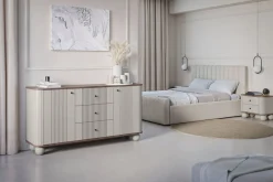 Bogart Komody*VESPER KOMODA 160 2D3SZ - cashmere mdf / orzech / czarne uchwyty / nogi kule