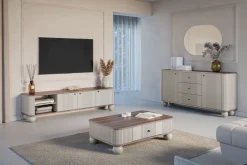 Bogart Komody*VESPER KOMODA 160 2D3SZ - cashmere mdf / orzech / czarne uchwyty / nogi kule