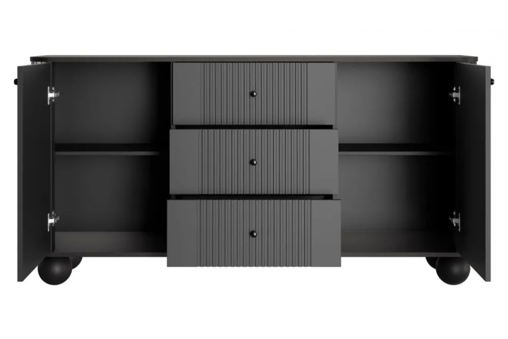 Bogart Komody Do Przedpokoju|Komody Do Sypialni*VESPER KOMODA 160 2D3SZ - czarny mdf / czarny mdf / czarne uchwyty / nogi kule