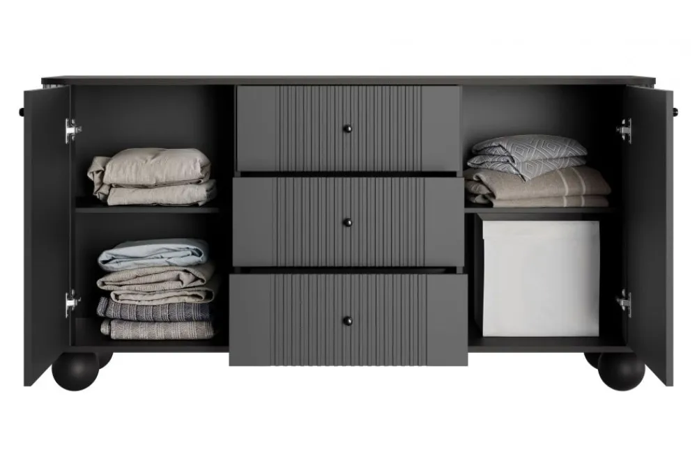 Bogart Komody Do Przedpokoju|Komody Do Sypialni*VESPER KOMODA 160 2D3SZ - czarny mdf / czarny mdf / czarne uchwyty / nogi kule