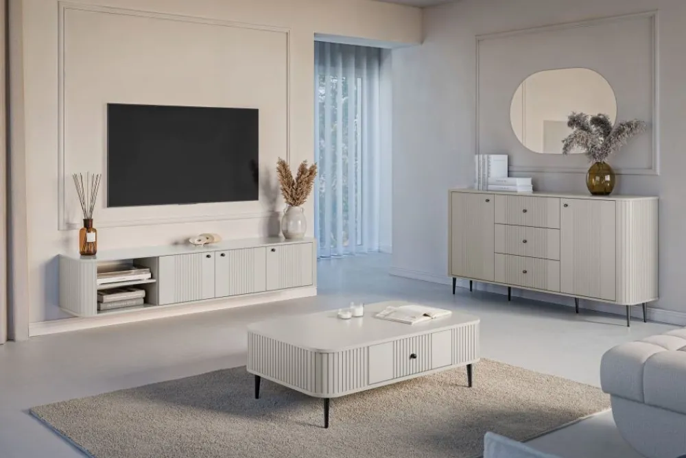 Bogart Szafki Rtv*VESPER RTV 187 3D - cashmere mdf / cashmere / czarne uchwyty / wisząca