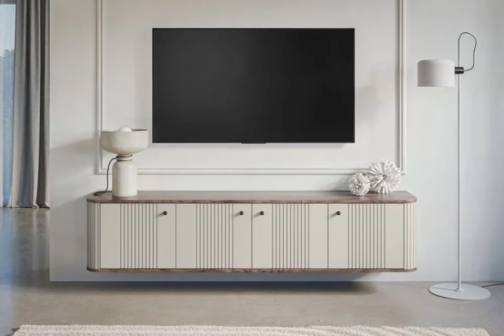 Bogart Szafki Rtv*VESPER RTV 187 4D - cashmere mdf / orzech / czarne uchwyty / wisząca