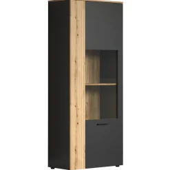 Mebelbos Witryny Do Jadalni|Witryny Do Salonu*Wąska witryna 80 cm – nowoczesna witryna Esteban grafit/dąb evok ze szkłem hartowanym