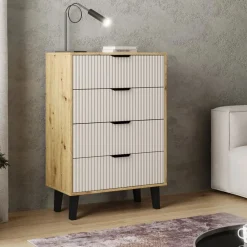 Mebelbos Komody Do Biura|Komody Do Przedpokoju*Wysoka komoda z czterem szufladami 4S, dąb artisan i kaszmir BORG DUO