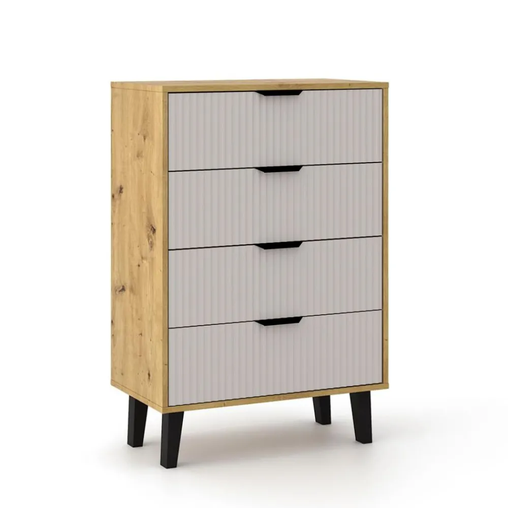 Mebelbos Komody Do Biura|Komody Do Przedpokoju*Wysoka komoda z czterem szufladami 4S, dąb artisan i kaszmir BORG DUO